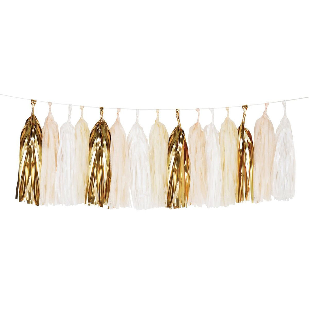 Do it your self garland kit. Tissue is pre-cut and twine for hanging is included. Metallic gold,cream and champagne colored tissue for tassels. Made in France.
